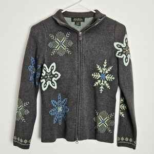 Eddie‎ Bauer Sweater Women's Size XS Full Zip Up Knit Ski Snowflake Cotton Blend